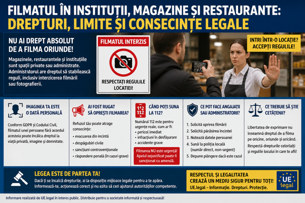 Filmatul în instituții și spații private deschise publicului: drepturi, limite și consecințe legale