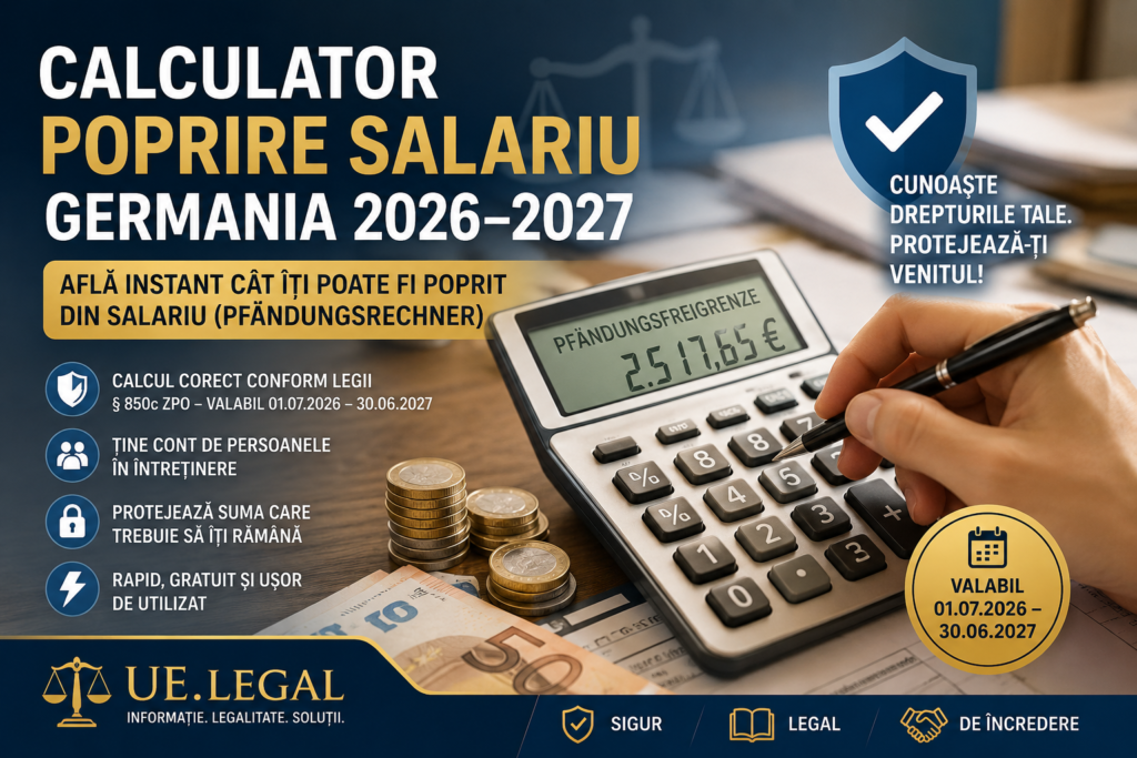 Calculator poprire salariu Germania 2026–2027 | Află instant cât îți poate fi poprit din salariu (Pfändungsrechner)
